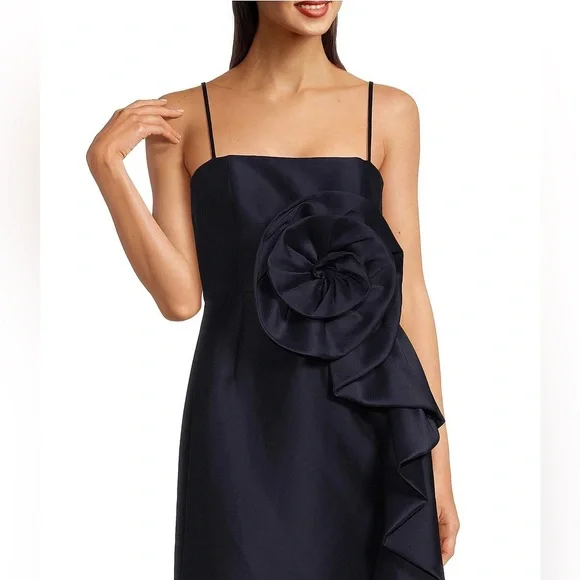 Muse by Marchesa Stretch Mikado 3D Rosette Running Side Ruffle Maxi Dress - Picture 5 of 7